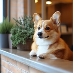 Corgi rests on counter indoors with plants