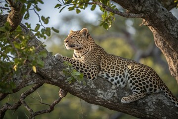 Leopard Resting Gracefully on a Tree Branch in Lush Jungle Foliage