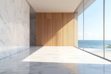 Modern coastal interior, empty room, ocean view, design concept, possible use for real estate or interior design