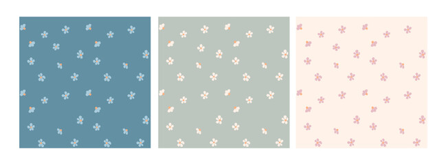 Seamless cream, blue and rosa flowers pattern on mint, creme and blue background