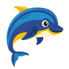 Сheerful blue and yellow dolphin on white isolated background. Vector ocean inhabitant in children's cartoon character concept. For characters of sea stories, cartoons, postcards.