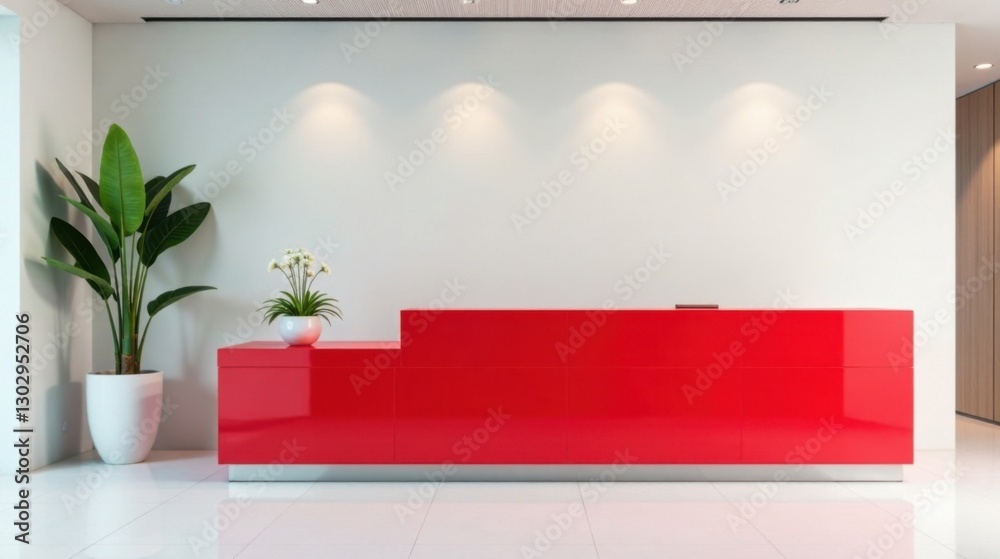 Poster modern red reception desk in a minimalist office setting with potted plants