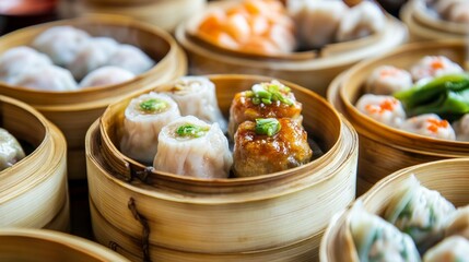 Enjoy a vibrant array of bamboo steamers brimming with dim sum delights, enticing diners to savor unique flavors in a lively restaurant atmosphere that embodies communal dining