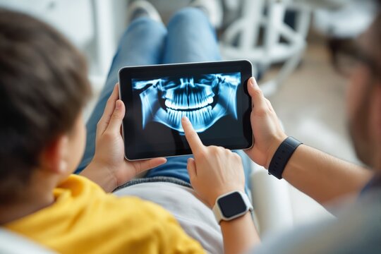 Dentist showing dental x-ray on a tablet to a young patient in a dental office. Concept of modern dentistry and digital diagnostics.