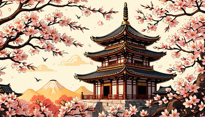 Multi-tiered Japanese pagoda with sakura trees, bright colors, traditional architecture