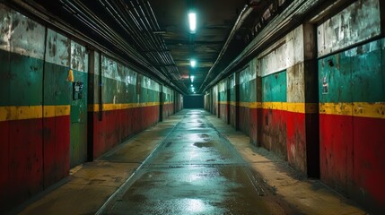An underground mining tunnel illuminated by artificial lights