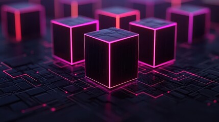 Grid Computing concept. Futuristic Interconnected Neon Cubes and Polygons Abstract Digital Technology Concept