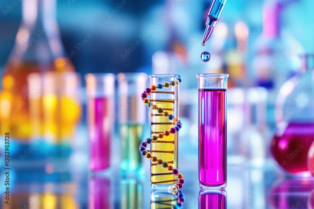 Poster vibrant laboratory setup with dna helix and colorful test tubes.