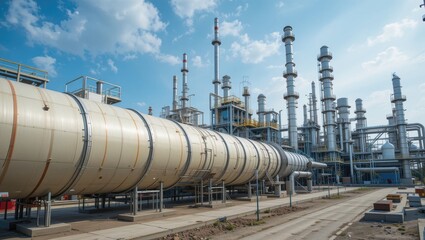 Large Industrial Oil Refinery With Tall Metal Towers Under Bright Blue Sky