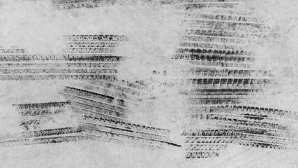 Black tire marks on road, Black rubber tire marks and tread marks, Tire trace track wheels texture and background, Auto tire tread grunge, Car wheel tyre tread track black tyre print, Top view.