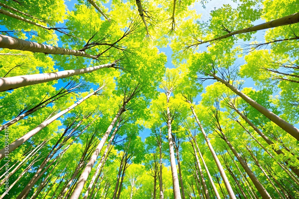 Poster vibrant green forest canopy view from below with sunlight filtering through.