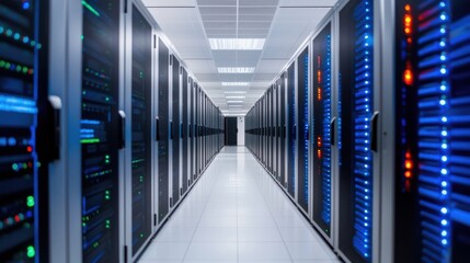 Grid Computing concept. Parallel Processing Servers in Grid Computing Data Center with Futuristic Blue Lighting