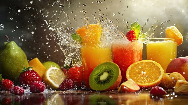 Refreshing fruit juices with splashing water and fresh tropical fruits including orange, kiwi, strawberry, and lemon