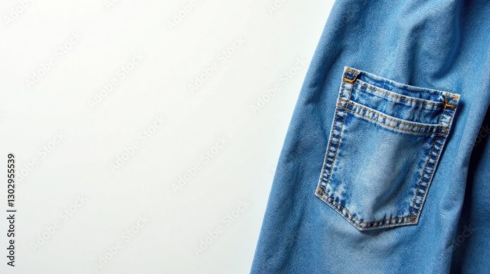 Poster close-up view of a denim fabric swatch showcasing a front pocket detail on a light background