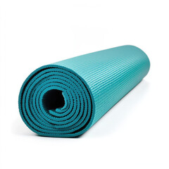 Rolled blue yoga mat on white background