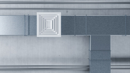 Fototapeta premium Air handling unit. Square pipes with space for air recirculation. Conditioning ducts. Aluminum vents under roof of building. Industrial utilities. Ventilation equipment. Vents background. 3d image