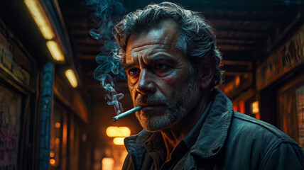 A man with a rugged face and deep-set eyes smoking a cigarette in a dark alley