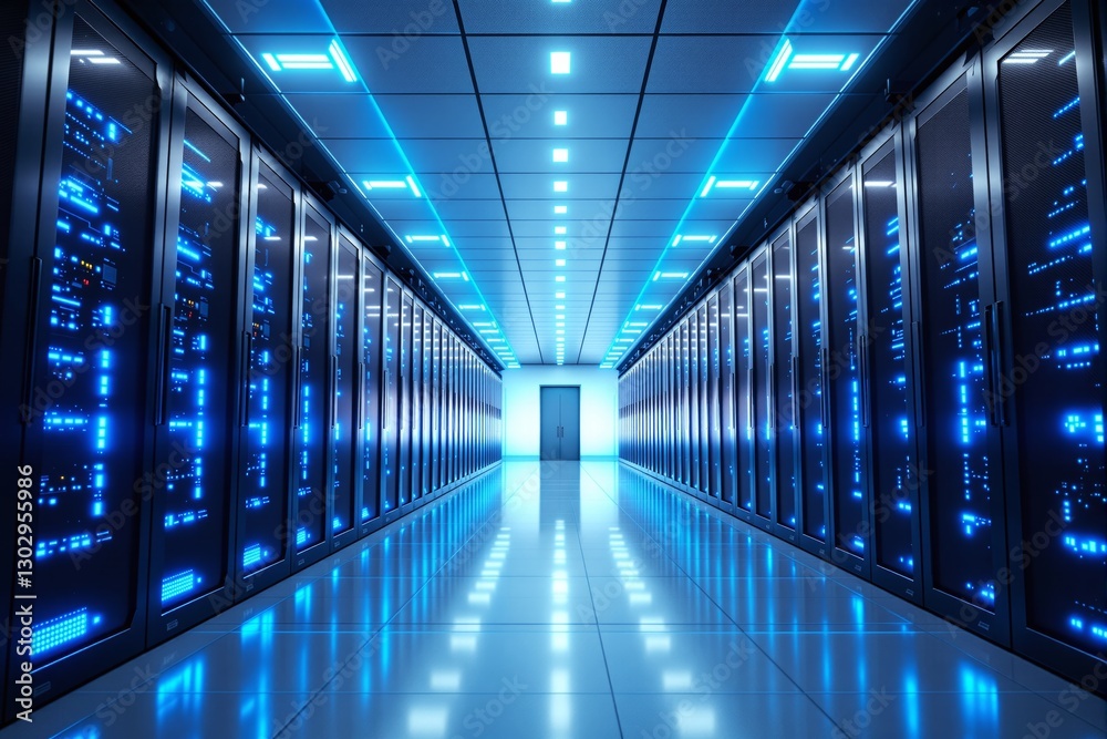 Aufkleber Server room with illuminated data racks in futuristic style.