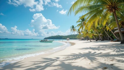 Pristine Tropical Beach with Palm Trees and Clear Blue Waters Under a Bright Sky