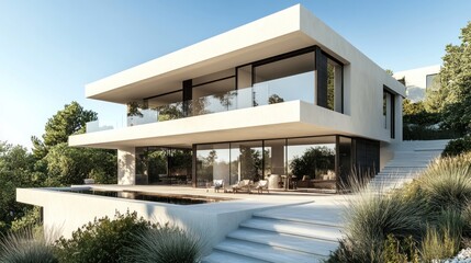 Fototapeta premium Modern Architectural Villa with Infinity Pool: Luxury Hillside Home Design