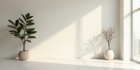 Serene Minimalist Room Interior Design Featuring Two Plants in Modern Pots, Bathed in Sunlight