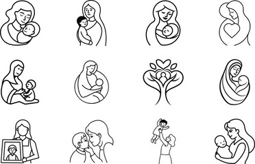 Motherhood Icons Line Art, Family, Love, Baby, Care, Child, Embrace, Bonding, Mom, Heart