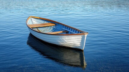 Obraz premium A small boat drifting peacefully on a calm sea, with no waves in sight