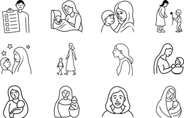 Fototapeta premium Motherhood Icons Parenting, Childcare, Family, Love, Care, Support, Growth, Bonding, Nurturing, Guid