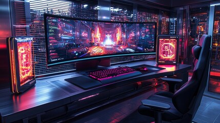 Obraz premium Futuristic gaming setup with ultra wide curved monitor displaying cyberpunk game. Generative ai illustrations