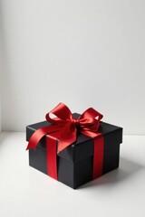 Obraz premium A Sophisticated Black Gift Box Adorned with a Vibrant Red Ribbon, a Perfect Symbol of Celebration and Thoughtfulness
