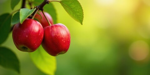 Two ripe red apples hanging from a branch in a vibrant green orchard, bathed in warm sunlight, a picturesque scene of natural abundance.