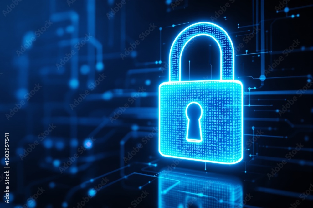 Poster neon blue padlock on digital background symbolizing data security and protection concept.