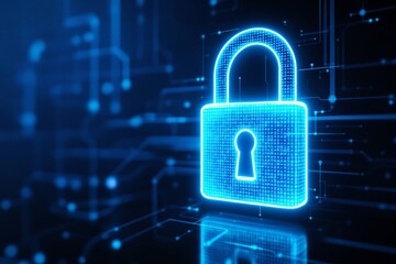 Neon blue padlock on digital background symbolizing data security and protection concept.