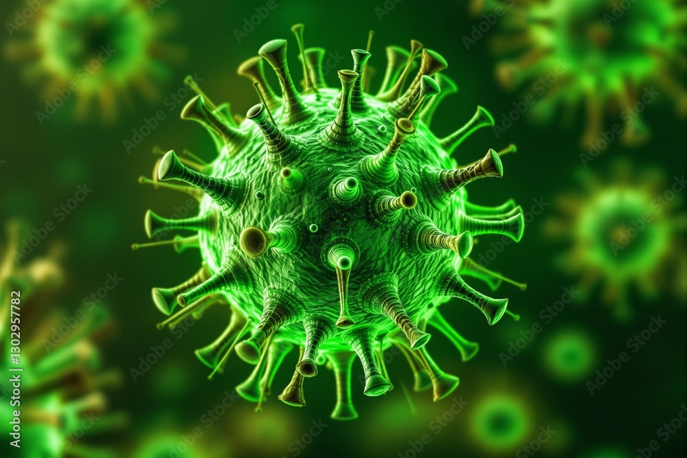 Poster close-up of a green virus cell with spike-like structures, glowing against a blurred green backgroun