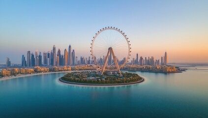 Obraz premium Sunrise panoramic view of a giant Ferris wheel on an island, overlooking a city skyline.