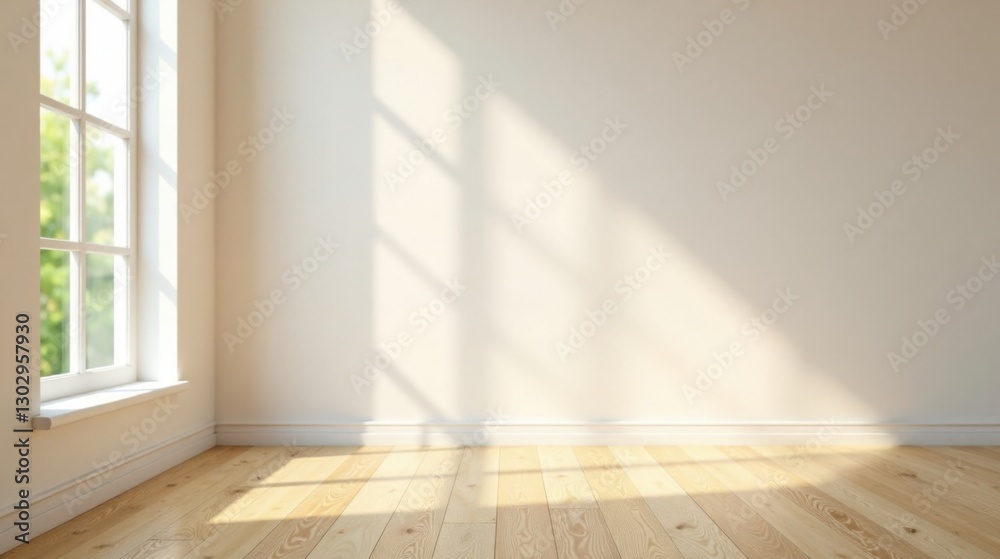 Aufkleber sunlight streams through a window into an empty room with light hardwood floors and white walls