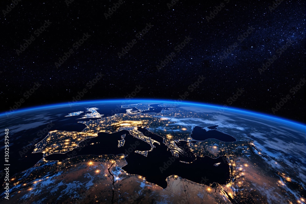 Poster europe and surrounding areas illuminated at night from space under a starry sky.