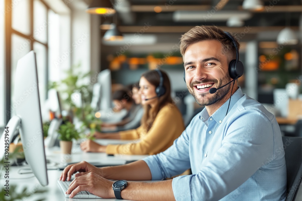 Aufkleber Call center agents working in modern office with computers.