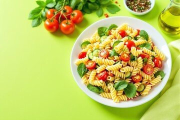 Fresh pasta salad with cherry tomatoes, cucumbers, and basil in white plate.