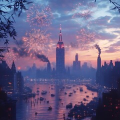 Obraz premium Cityscape Fireworks Dusk River