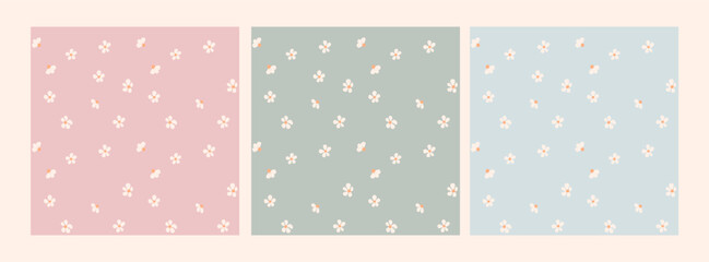 Seamless pattern with litte flowers in cream on blush, mint and baby blue background