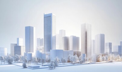 Modern city buildings in minimal light blue.