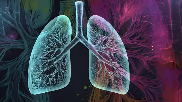 Colorful Lung Illustration on Dark Background Displaying Respiratory Health with Abstract Paint Splashes and Artistic Flair in a Modern Medical Concept for Adobe Stock Photo
