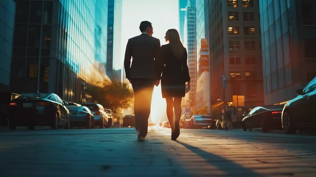 Couple walks hand in hand through city at sunset, enjoying the beautiful evening together and creating lasting memories