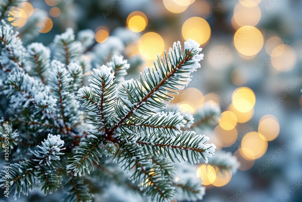 Poster Snow-covered pine tree branch with bokeh lights in the background.