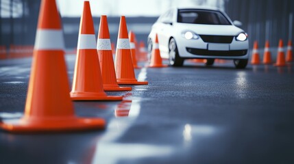 Realistic driver training course featuring road cones and cars for skill development on closed track