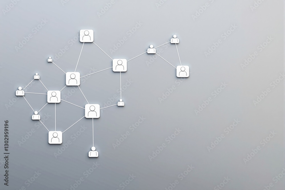 Poster Network of interconnected user icons on a light grey background.