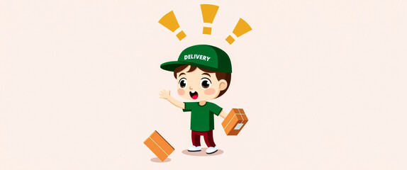 Fototapeta premium cheerful cartoon delivery boy in a green uniform delivers a package with excitement