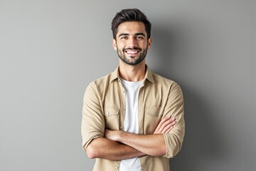 Obraz premium Portrait of a confident man smiling with arms crossed on gray background.