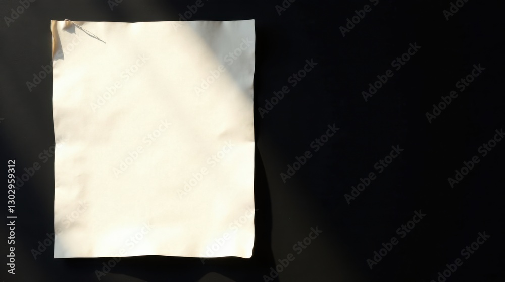 Poster cream-colored paper sheet on a dark surface, illuminated by sunlight, ready for your message or desi